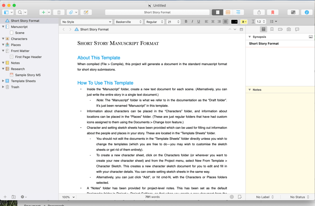 A screen shot of the Short Story Manuscript Format of the writing app Scrivener
