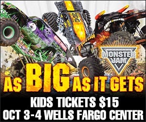 A poster advertising a monster truck rally featuring three trucks with over sized wheels running into each other